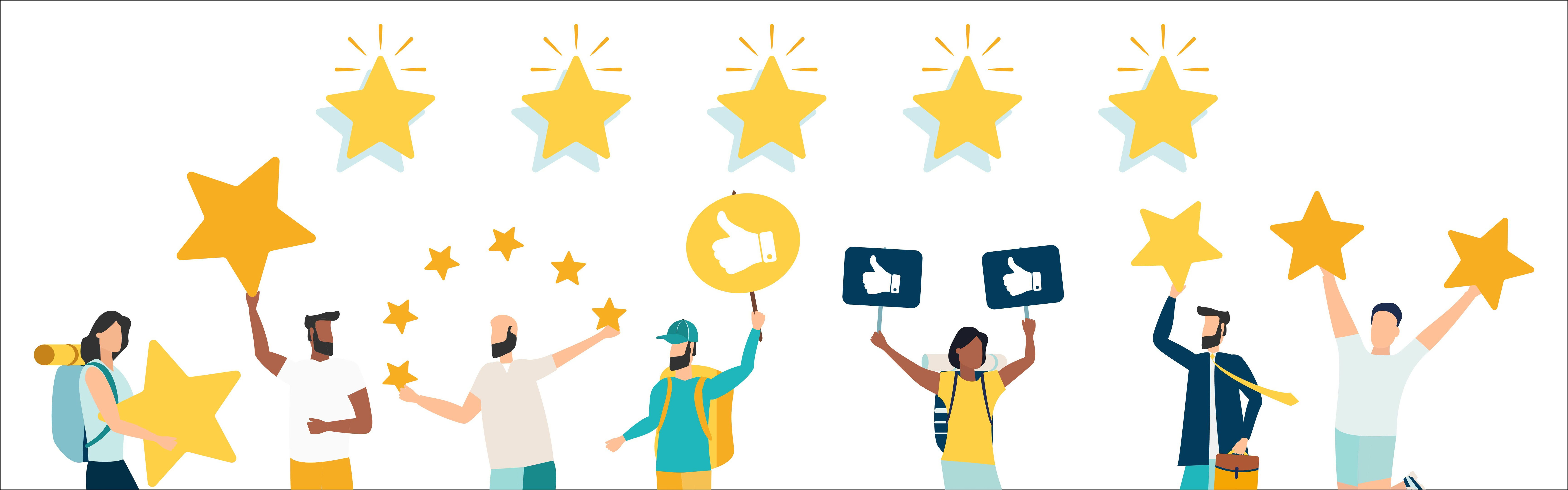 The image is a digital illustration featuring a group of stylized, cartoon-like figures celebrating with raised hands and star graphics, set against a white background.
