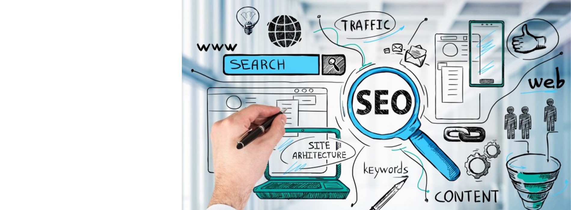 The image depicts a hand drawing a magnifying glass over the word  SEO  on a digital board, which is surrounded by various icons and diagrams related to search engine optimization and online marketing.