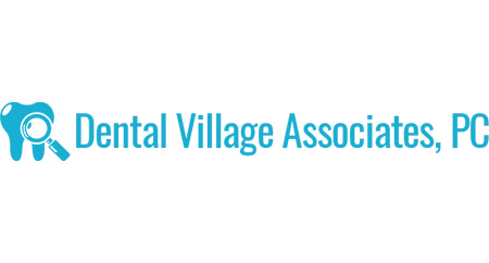 The image is a logo with text that reads 'Dental Village Associates, PC' in white and blue fonts against a dark background.