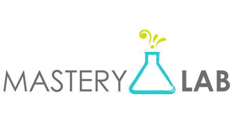 The image is a logo for 'Mastery Lab', featuring an illustration of a beaker with a dropper and a flame, set against a background that includes the text 'MASTERY LAB' in capital letters.