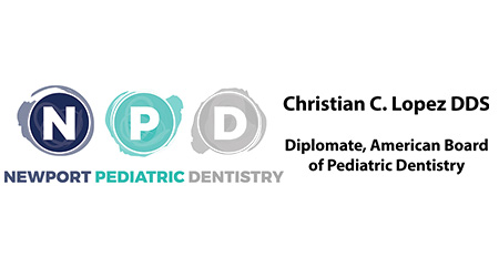 The image shows a logo with text and graphics, including a stylized blue circle with the letters 'NPD' in white. Below this, there is a name and title that reads 'Christian C. Lopez DDS,' followed by the phrase 'Diplomate, American Board of Pediatric Dentistry.' The logo also includes an illustration of a tooth and a dental mirror. In the background, there's a photograph of a person with a stethoscope around their neck, suggesting they are a healthcare professional.
