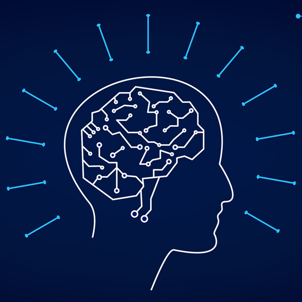 The image is a digital graphic illustrating a human head with a brain on the inside, connected by lines to various electronic components and symbols representing technology and connectivity.