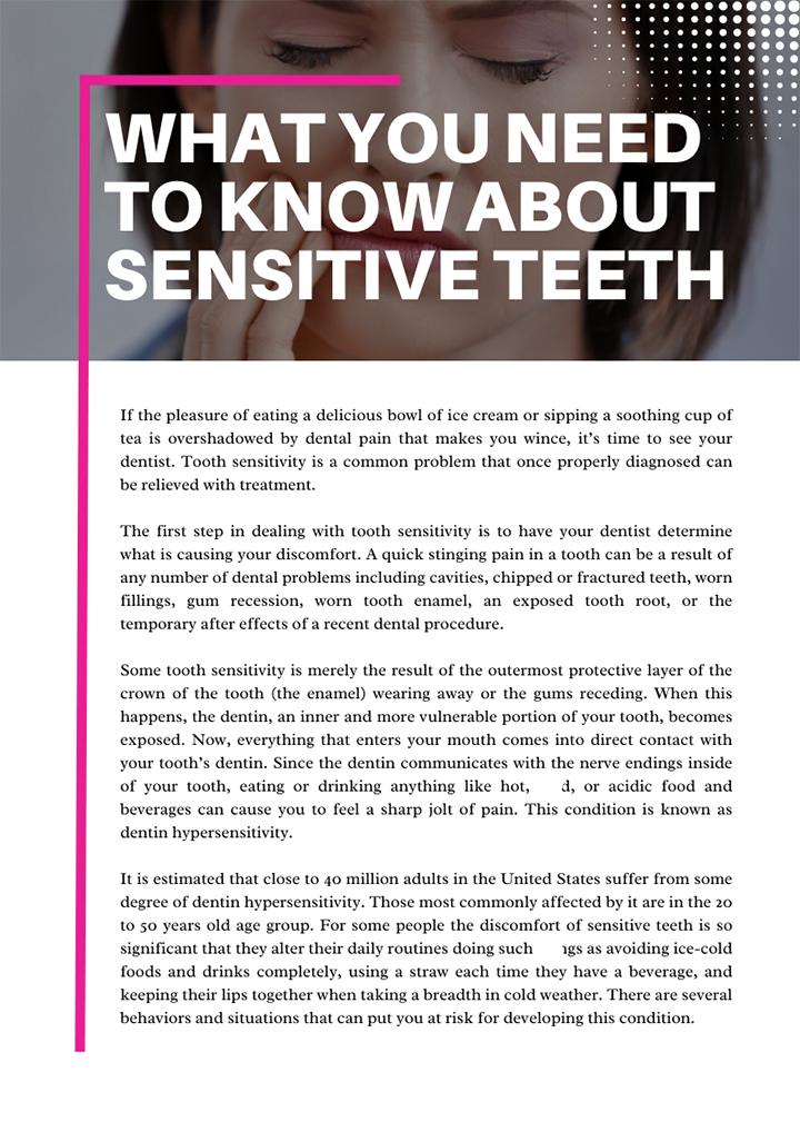 The image is a digital graphic with text overlay that reads 'WHAT YOU NEED TO KNOW ABOUT SENSITIVE TEETH' and includes a photograph of a person's face, presumably a woman, with a focus on her mouth area.