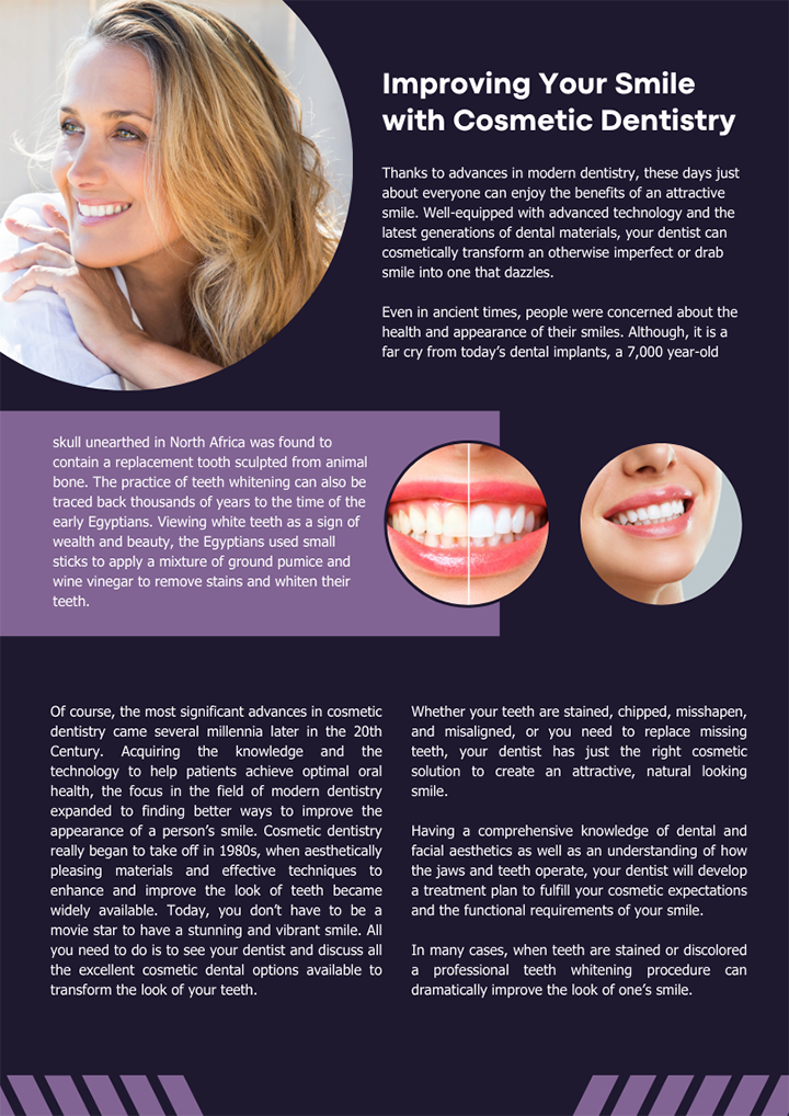 The image appears to be a digital advertisement or informational graphic related to dental care, specifically focusing on cosmetic dentistry. It features a woman with light skin and blonde hair smiling at the camera, suggesting a positive outcome from the services offered by the advertised business. Below her image is text that reads 'Improving your smile with cosmetic dentistry,' followed by additional information about the services provided, which includes teeth whitening, veneers, and implants. The graphic also includes a photograph of a person's mouth with dental implants, highlighting the results achieved by the advertised business. The overall style of the image is clean and professional, designed to attract potential customers interested in cosmetic dental services.