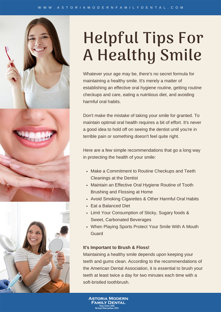 The image is a digital advertisement featuring a woman with a radiant smile, holding a toothbrush. It highlights tips for maintaining oral health and includes text that lists dental care products and services.