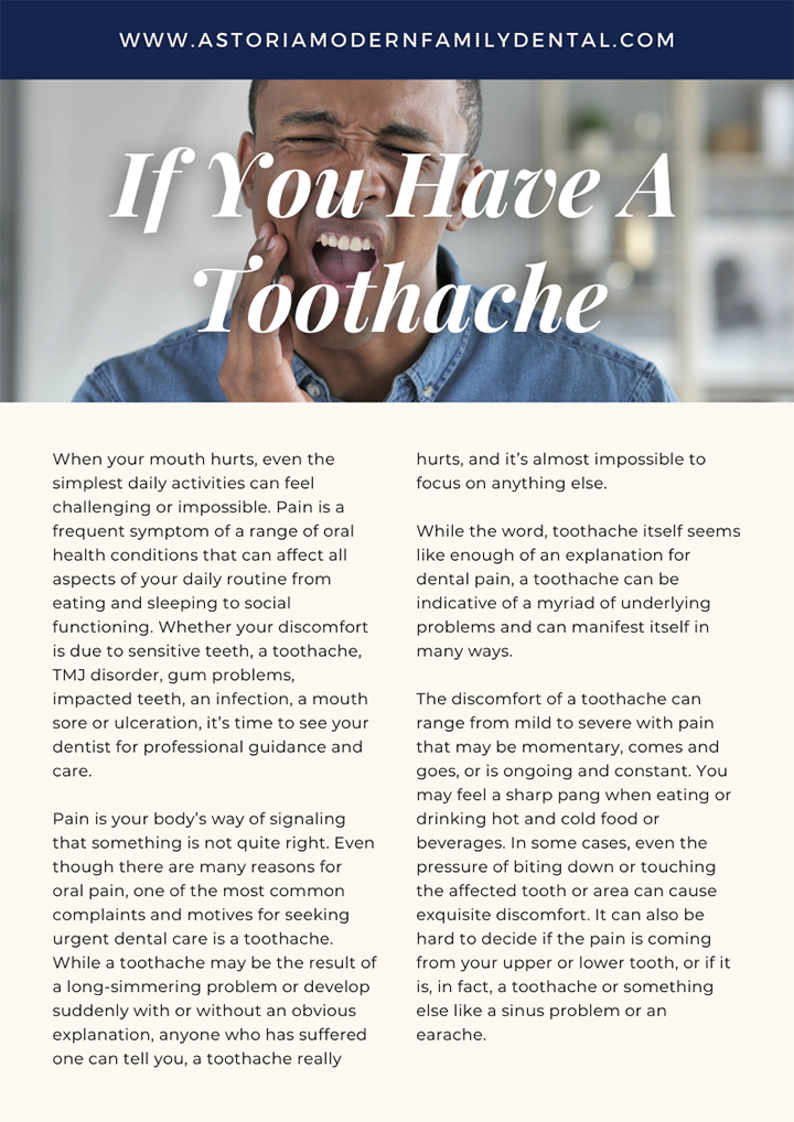 The image is a digital graphic with text overlay, featuring a photograph of a man in a dental office. The man appears to be experiencing discomfort or pain, possibly related to a toothache, as suggested by the text 'If you have a toothache' and the accompanying content discussing the symptoms and potential solutions for such an issue. The text is informative, providing advice on how to cope with a toothache and includes a call to action to visit a dentist. The graphic also includes a website address at the bottom, indicating that it may be used for promotional or educational purposes related to dental care.