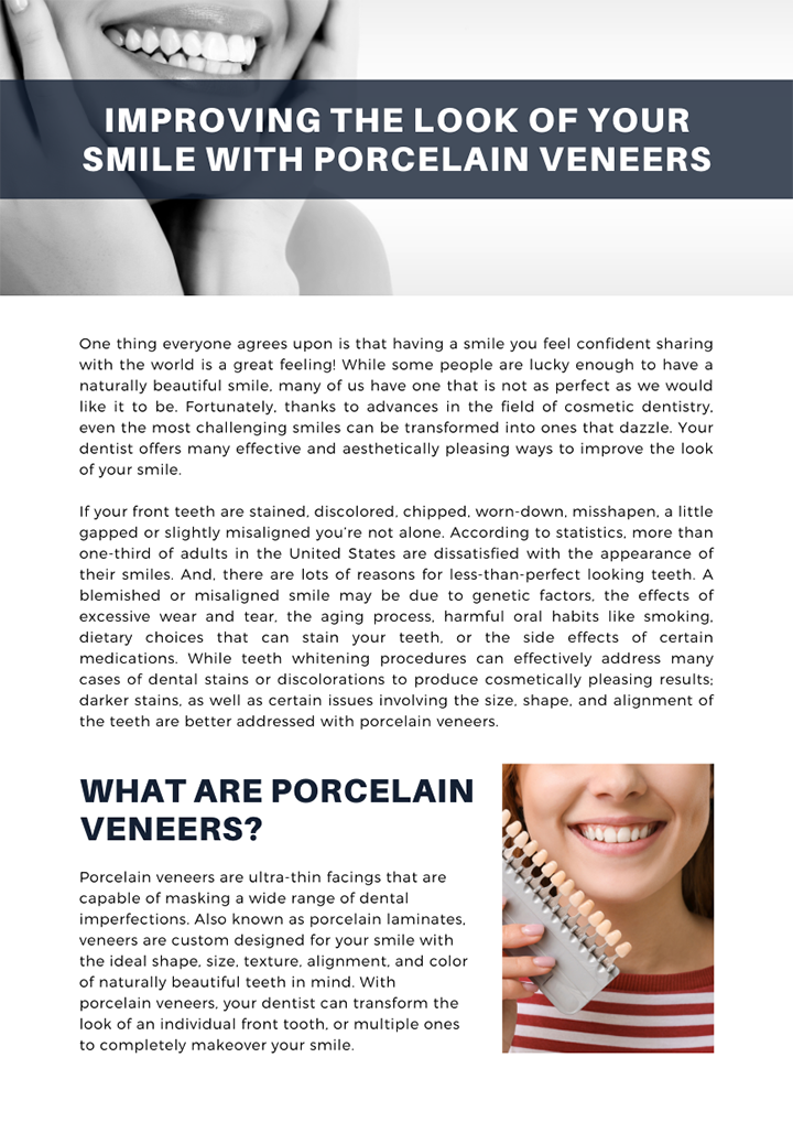 The image is a screenshot of a webpage section, featuring a photograph of a person smiling and holding a toothbrush with the text 'Improving the look of your smile with porcelain veneers' overlaid.