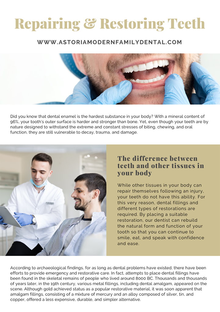 The image is a digital advertisement or promotional material for dental services. It features two photographs: the top one shows a smiling person with teeth, and the bottom one depicts a dental professional in a lab coat examining a mouth. The text overlay includes a headline 'Repairing & Restoring Teeth' and additional information about dental services offered by a company named Astoria Modern Dental.
