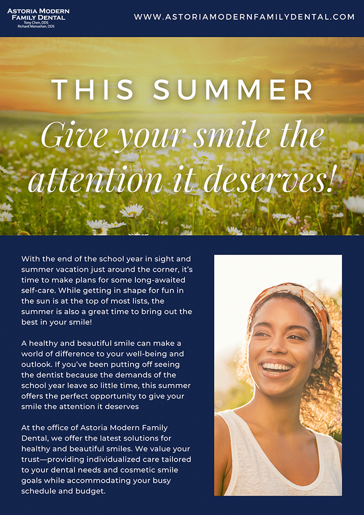 A promotional flyer for a dental clinic, featuring a smiling woman and text announcing a summer promotion.