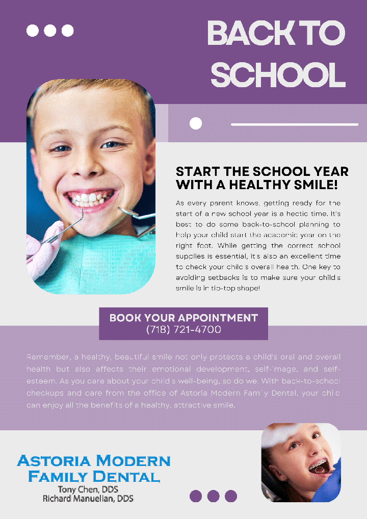 The image is a graphic advertisement for a dental clinic named  Astoria Modern Family Dental.  It features a young boy with braces smiling, accompanied by text promoting the practice and an appointment booking number.