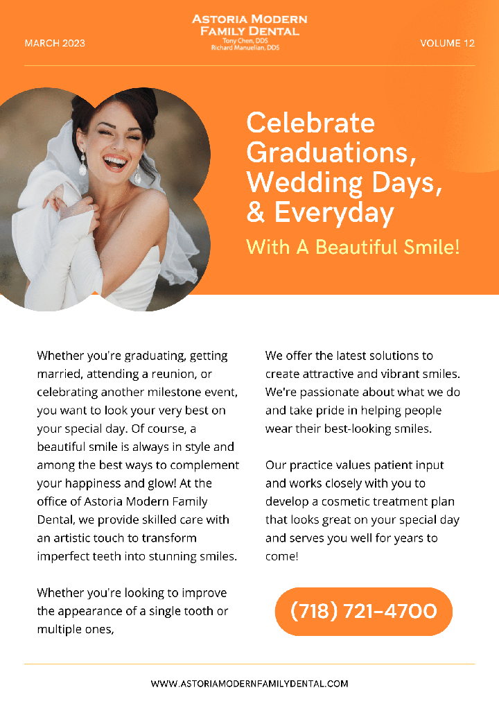 The image is a digital advertisement for a dental practice, featuring a smiling woman in a wedding dress celebrating graduations, weddings, and everyday life with the slogan  Celebrate graduations, weddings   everyday smiles with a beautiful smile   The ad includes an invitation to schedule a consultation or appointment, highlighting that they offer cosmetic dentistry services.
