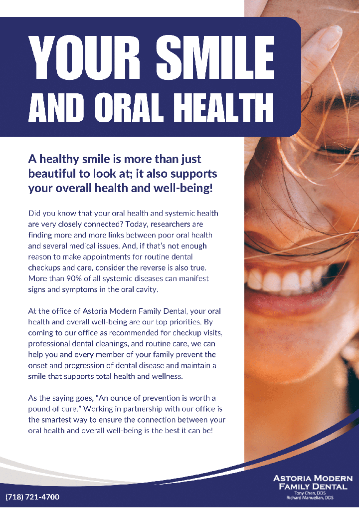 The image is a promotional advertisement for dental services, featuring a smiling woman and text emphasizing oral health care.