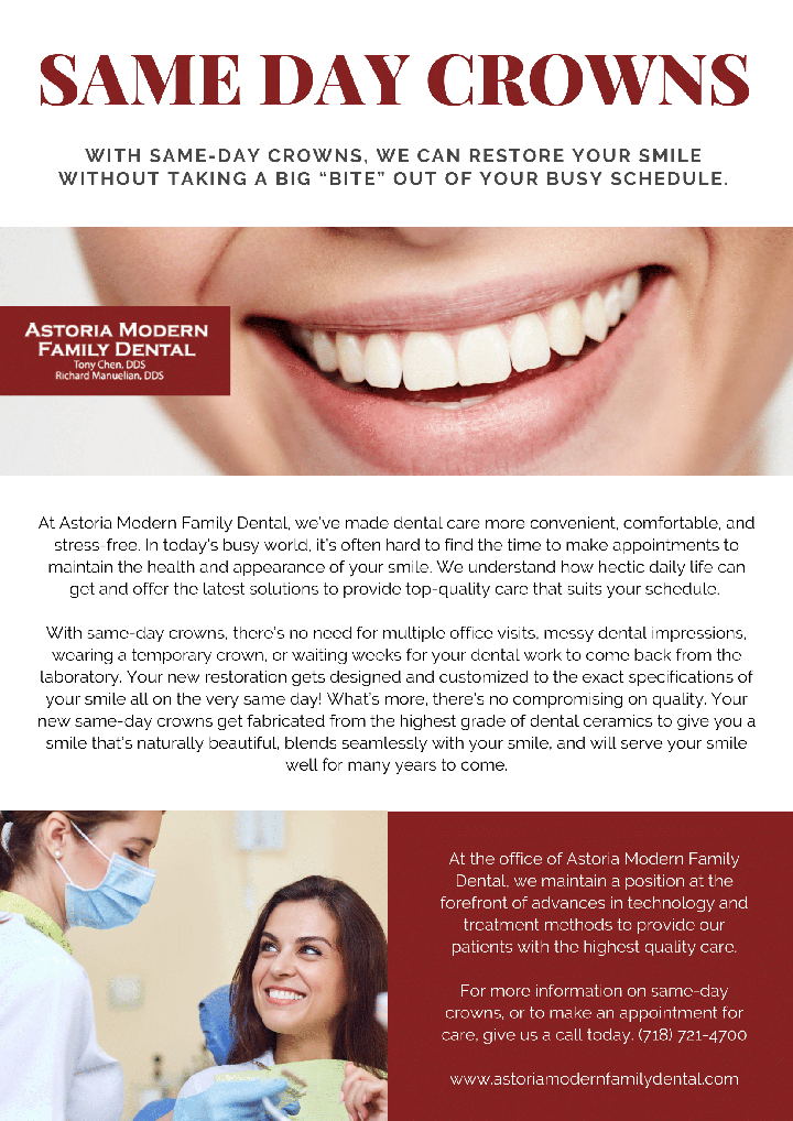 The image is a promotional graphic for a dental clinic, featuring a smiling woman and text advertising same-day crowns.