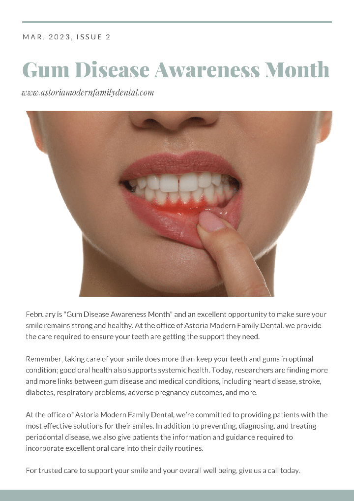 An image of a webpage with an article titled  Gum Disease Awareness Month.  It features a close-up photo of a person s face with a focus on their teeth and gums, emphasizing the importance of oral health.