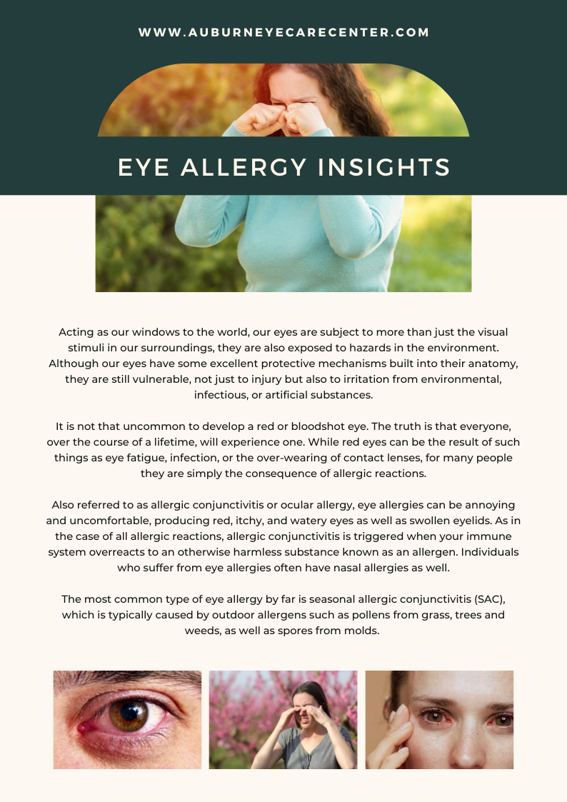 The image is a screenshot of a webpage featuring an article titled 'EYE ALLERGY INSIGHTS' with a subtitle that reads 'Acting our eyes to the limit'. It includes a photograph of a person using eye drops, accompanied by text discussing the use of eye drops and their potential side effects. The image also includes a graphic of a person's eye with an allergy symptom, which is labeled as 'Allergy Symptoms' and includes a red eye, itchiness, and sneezing.
