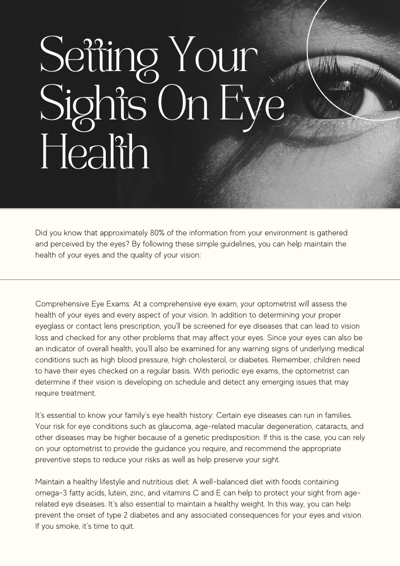 The image is a screenshot of a webpage with a dark background and text that reads 'Setting Your Sights on Eye Health.' It features a stylized graphic of a person's eye, which is the main focus of the image.