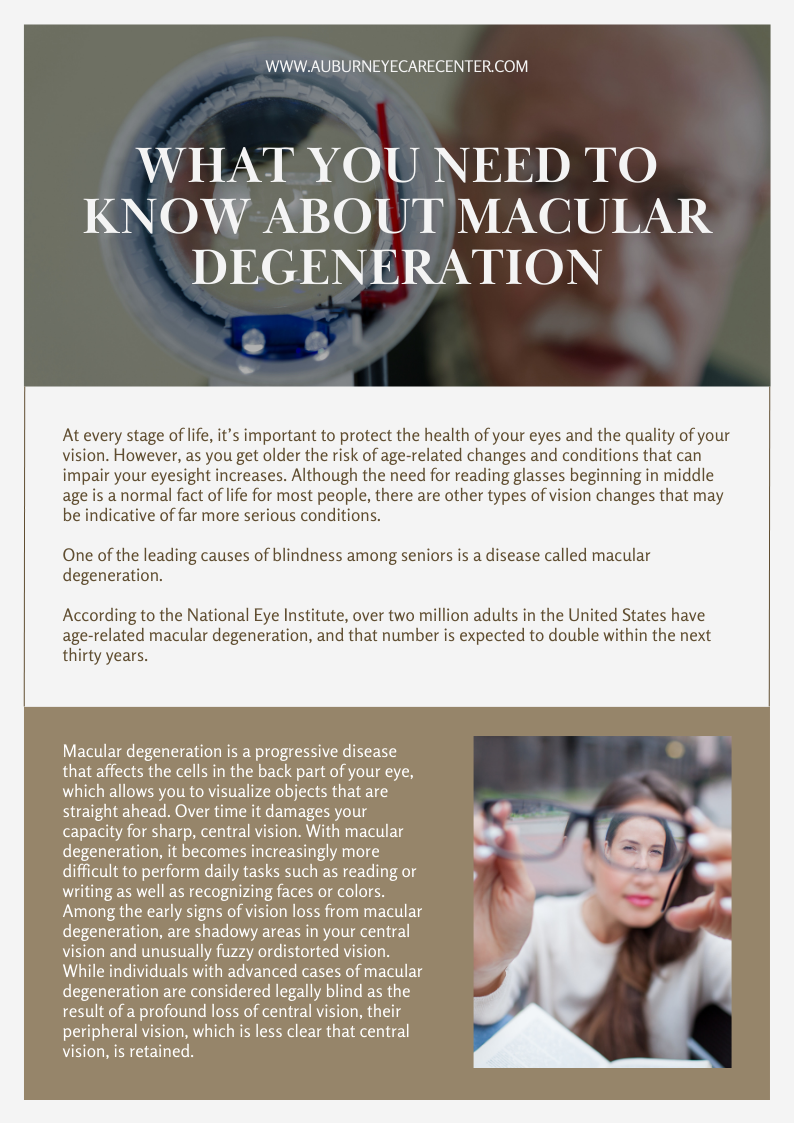 The image is a screenshot of a webpage with an article title 'WHAT YOU NEED TO KNOW ABOUT MACULAR DEGENERATION' and includes text, images, and a person holding a magnifying glass.