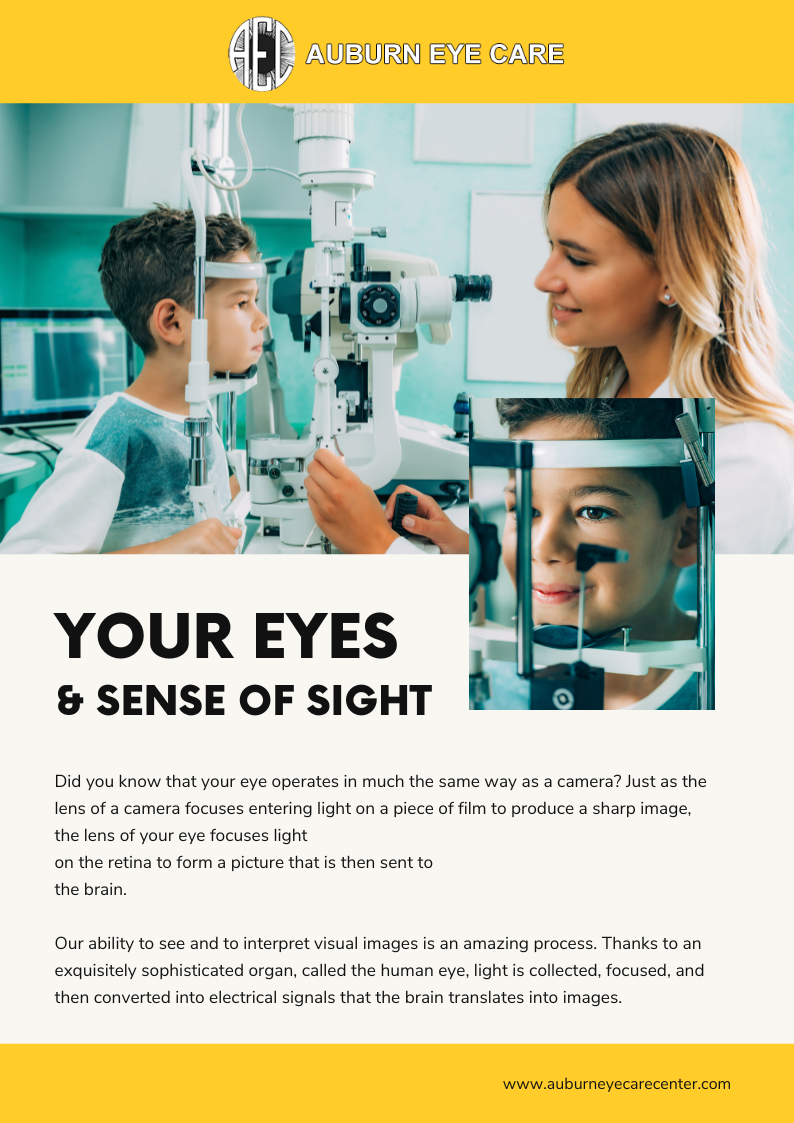 The image appears to be an advertisement for an eye care service, featuring a woman and child in an optician's setting.