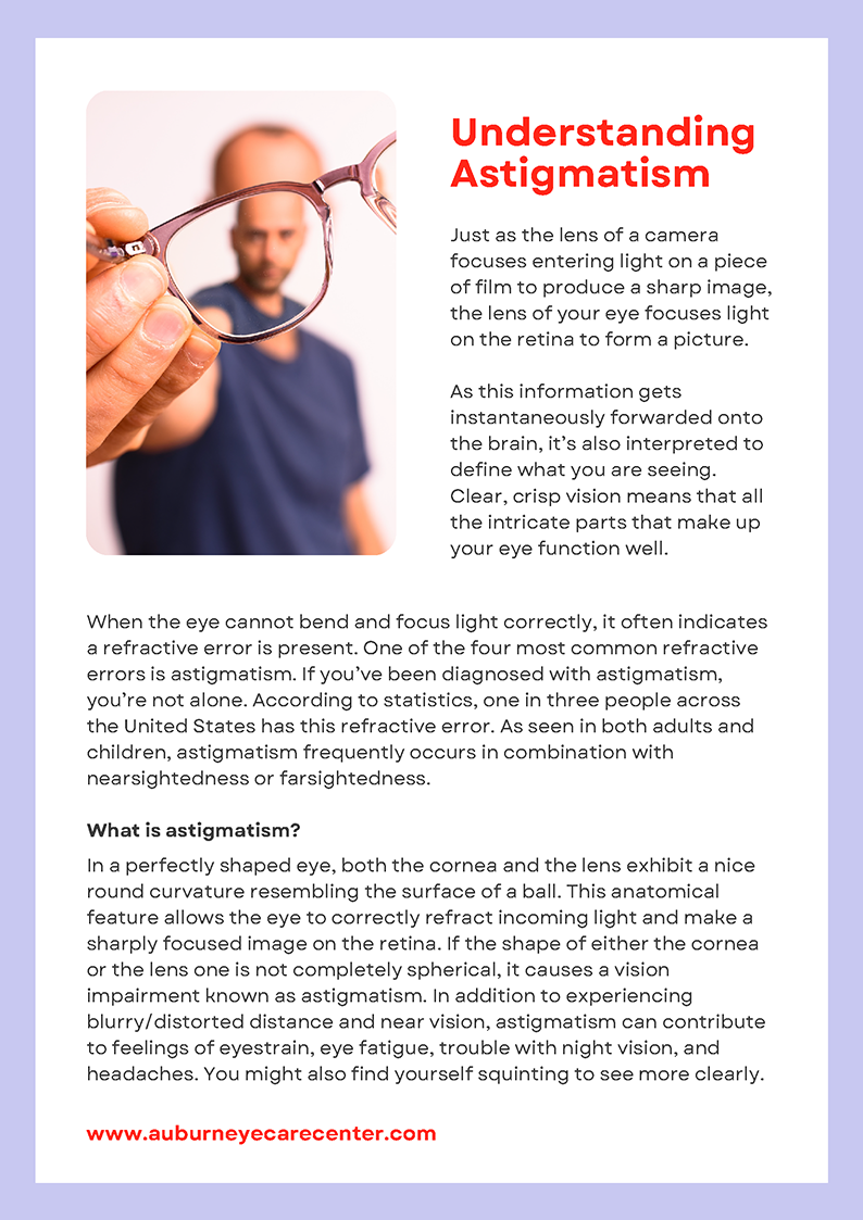 The image is a graphic with text that reads 'UNDERSTANDING ASTIGMATISM' and includes an illustration of a person holding a pair of glasses in front of their face. The text below the title provides information about astigmatism, including its causes, symptoms, and how it is diagnosed.