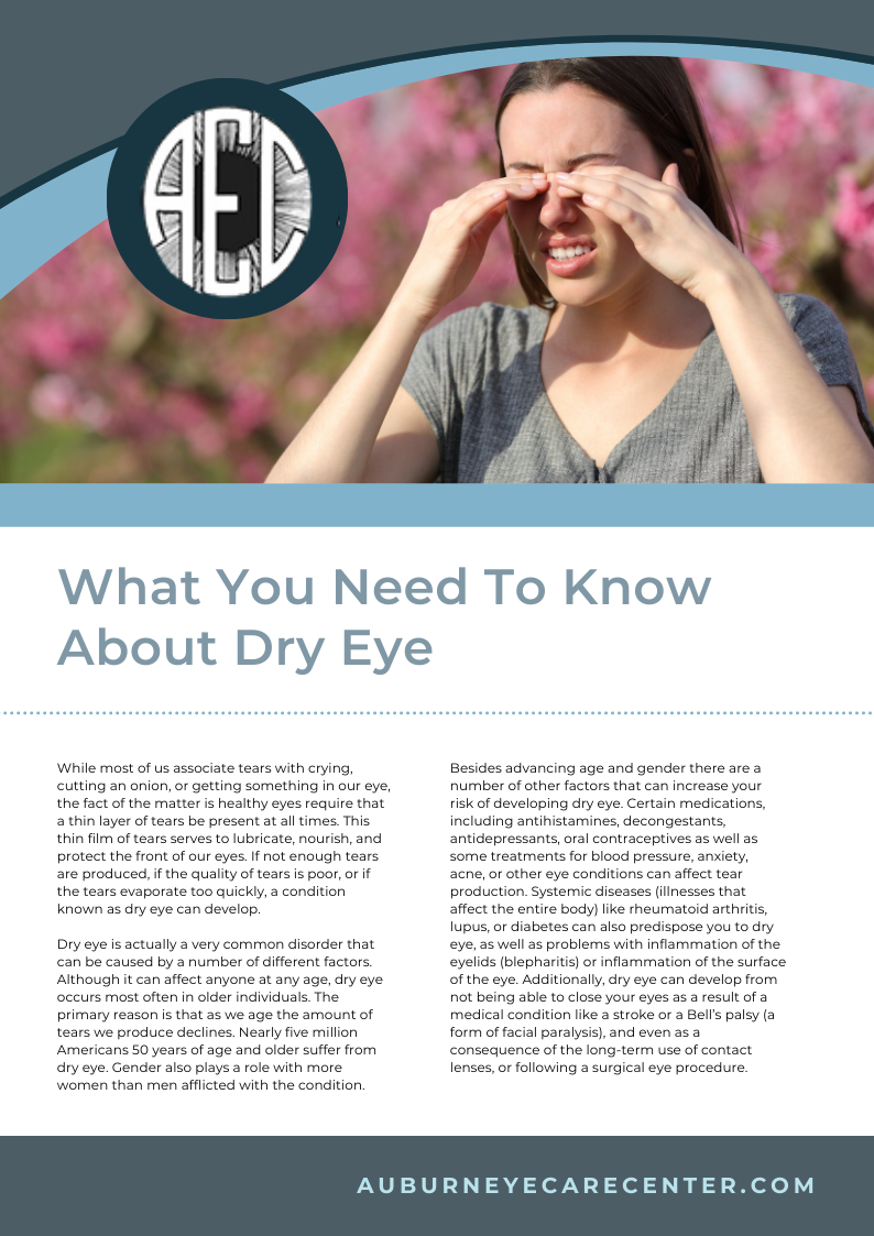 The image is a screenshot of a webpage with a header that reads 'What You Need To Know About Dry Eye' and includes a photograph of a person wearing sunglasses, looking upwards, and holding their hand to their face as if they are shielding their eyes from the sun. Below the photo, there's text that provides information about dry eye, which is described as being caused by various factors such as aging, contact lens wear, and other conditions. The website address 'auburnyecarecenter.com' is also visible at the bottom of the image.