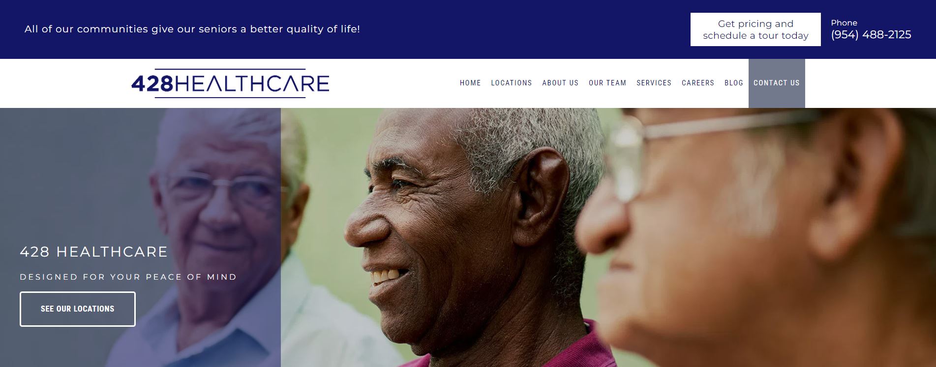 Image of a webpage screenshot showing a website for healthcare services, with a focus on an elderly man and an older woman, likely in the context of health insurance or retirement living.
