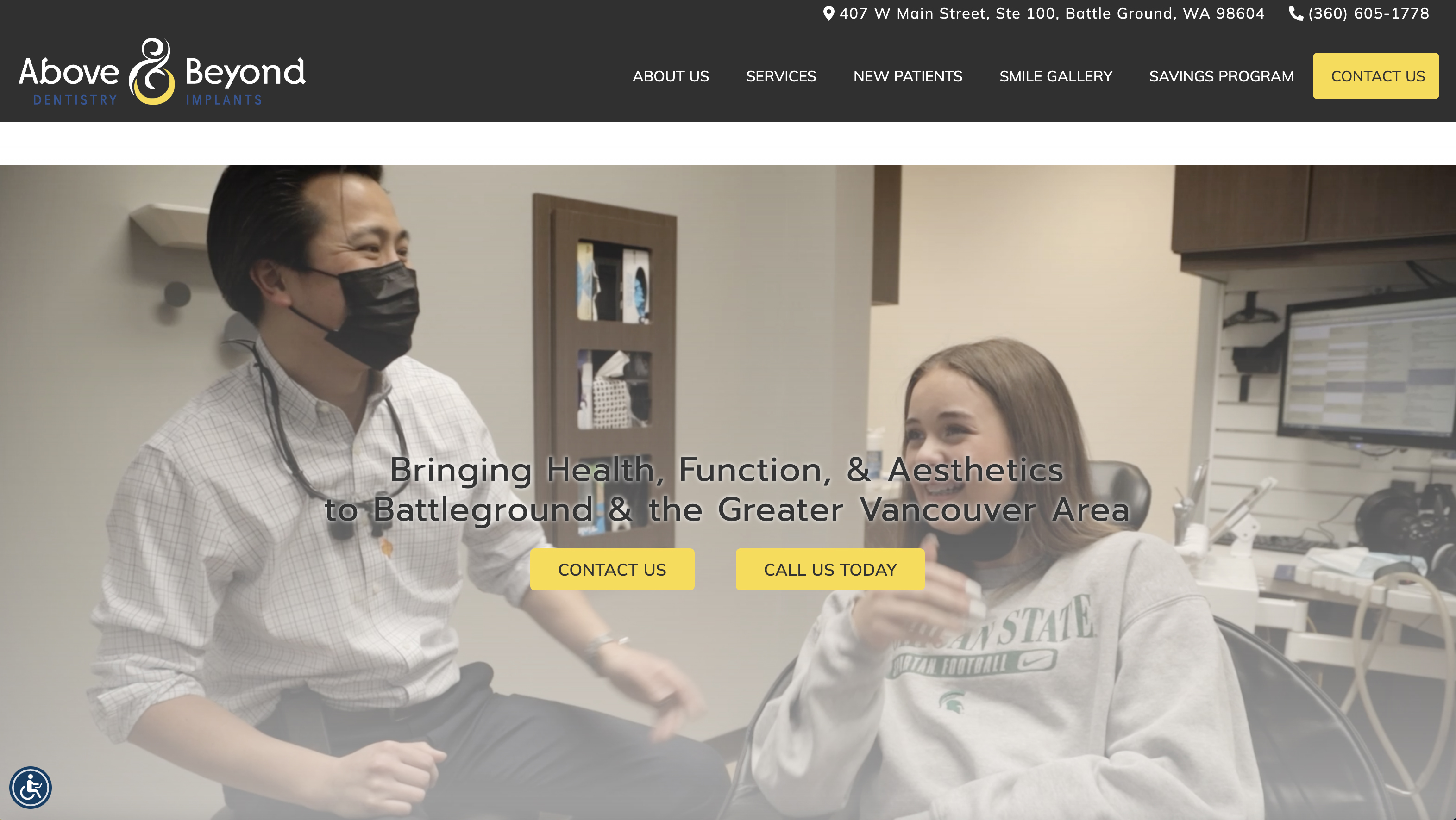 The image is a screenshot of a website page featuring two individuals in a medical setting, with one person wearing a surgical mask and the other seated on a chair.
