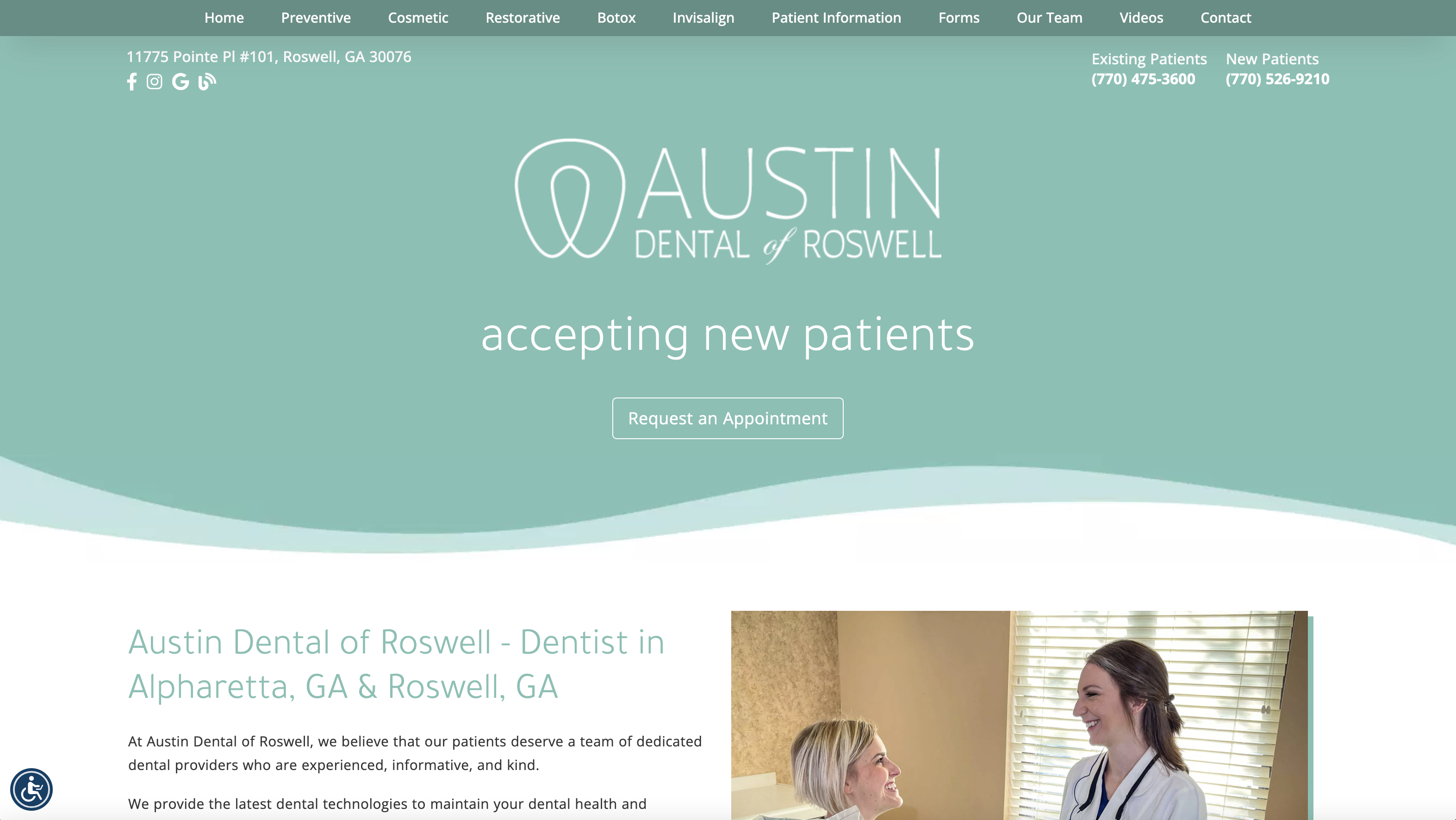 The image is a screenshot of a webpage for 'AUSTIN DENTAL OF ROSWELL.' It features a logo, navigation menu, and content with text and images. The main focus is on dental services, as indicated by the title 'Dental Services' and the mention of 'Dr. Roswell.' The website appears to be promoting a new dental clinic in Atlanta, Georgia.