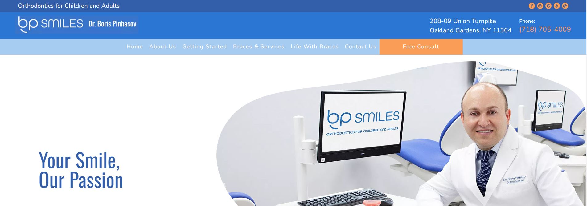 The image is a screenshot of a website with a prominent banner featuring a smiling person, presumably a dental professional, against a blue background with white text. Below the banner, there s a section showing a dental office interior with equipment and a receptionist.