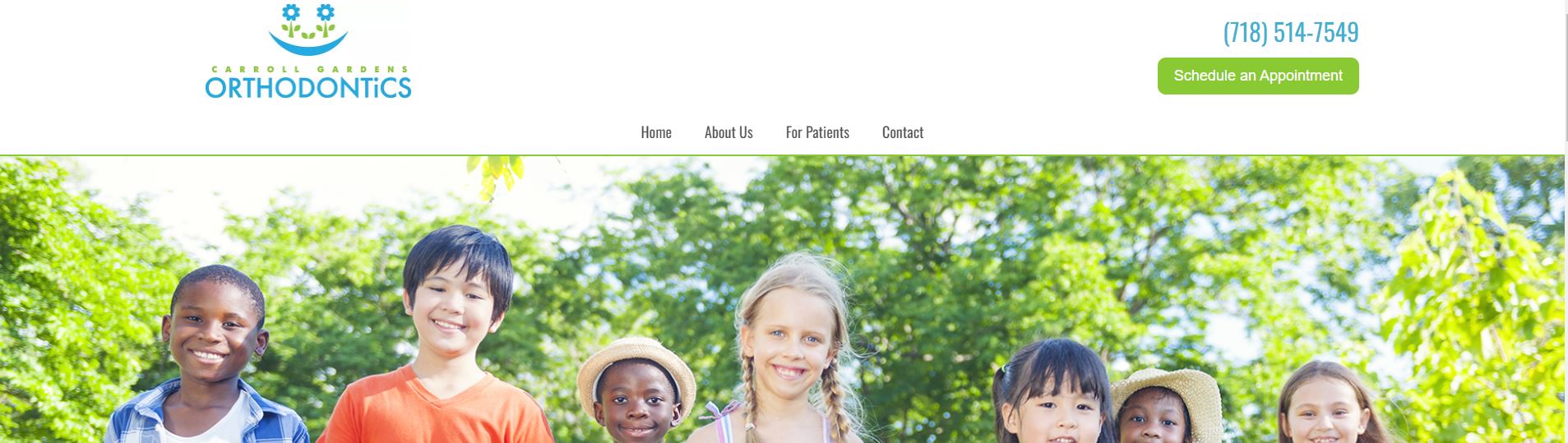 The image shows a screenshot of a website with a photo of children and adults in front of trees, likely representing an educational or healthcare institution.