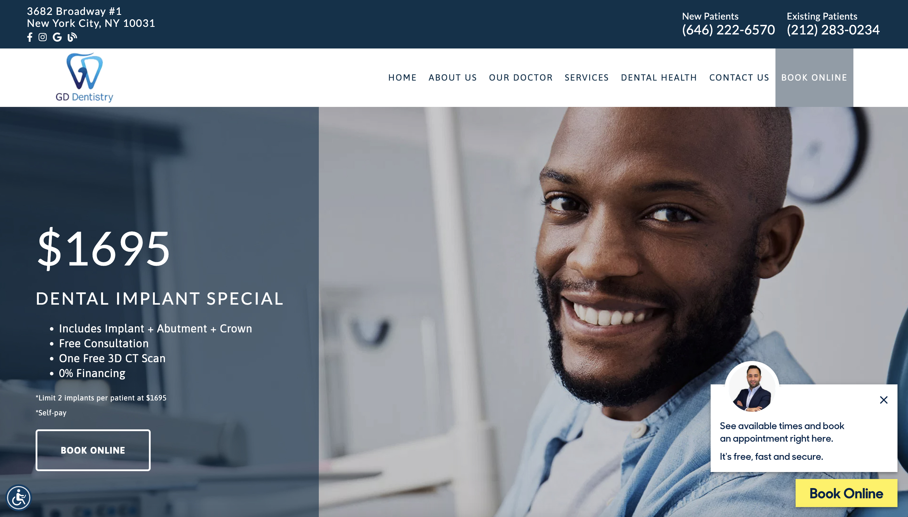 The image shows a screenshot of a webpage with a dental implant advertisement, featuring a smiling patient and the cost of treatment.