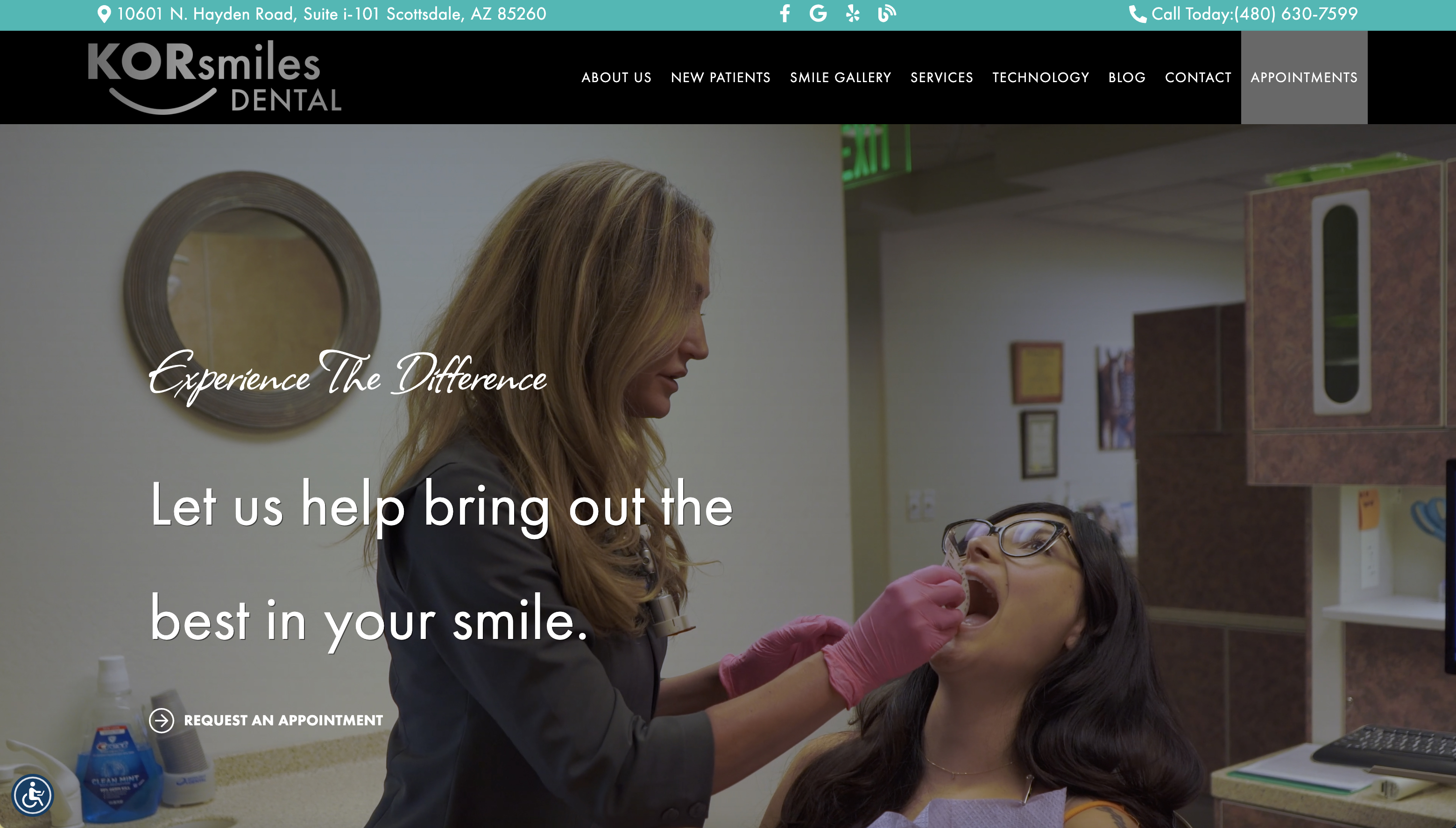The image is a screenshot of a website page, featuring a dental office setting with a dentist and patient, and includes text that reads 'Experience the difference' and 'Let us help bring out the best in your smile.