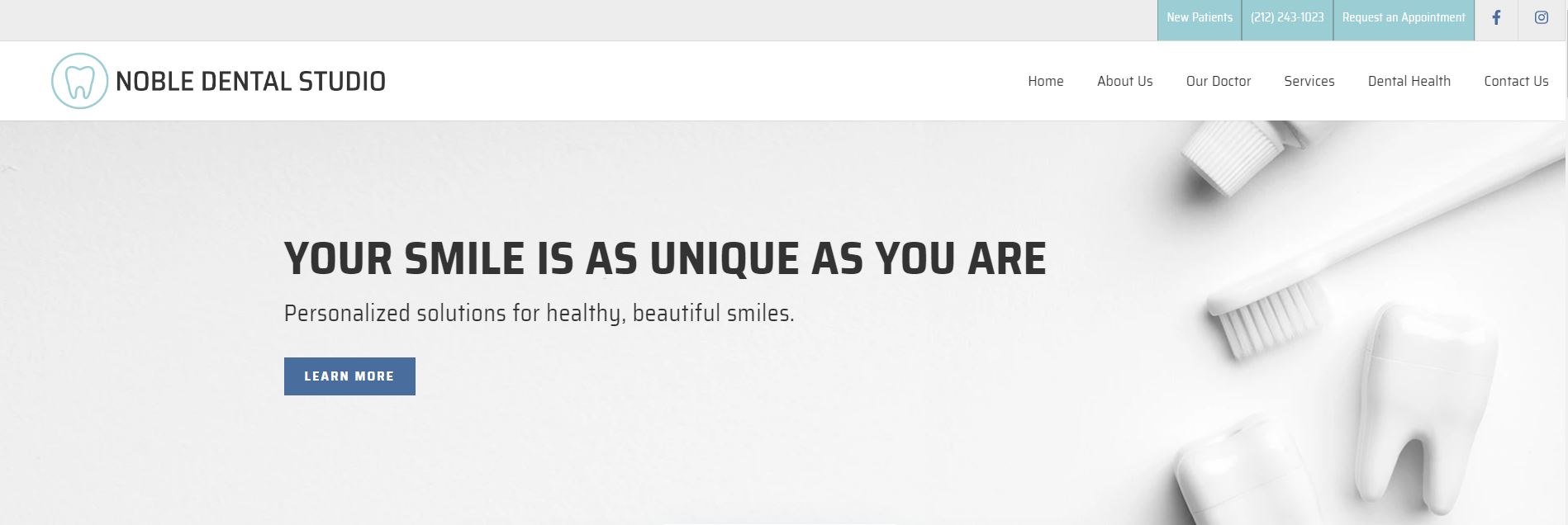 The image is a screenshot of a webpage with a header that reads 'Noble Dental Studio' and features a promotional message about the studio's unique approach to dental care. Below the text, there is an advertisement for a product or service related to teeth whitening, showcasing a toothbrush and a tube of toothpaste. The overall style of the image is that of a digital advertisement with a clean and professional design.