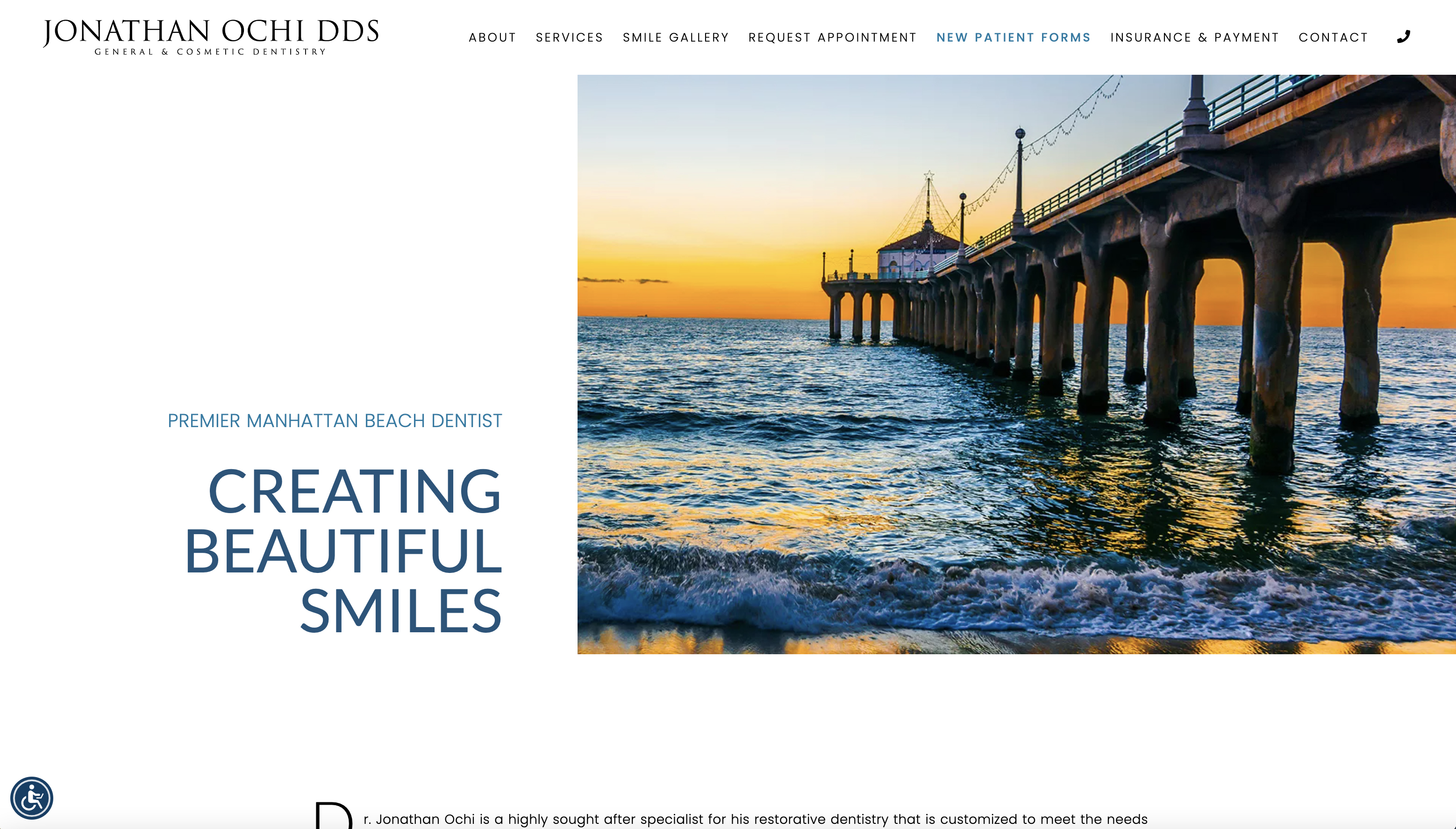 The image is a screenshot of a website with a photo of a pier and ocean at sunset, featuring text that reads 'Creating Beautiful Smiles' and other promotional content.