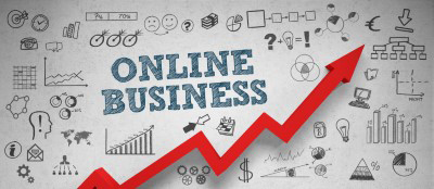 The image shows a graphic with the words 'ONLINE BUSINESS' prominently displayed, accompanied by a red arrow pointing upwards. The background features various doodle-style icons and drawings related to business and growth, including graphs, charts, and other symbols commonly associated with financial or business success.