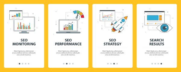 The image displays a collection of six digital screens arranged in two rows, each showcasing different elements such as graphs, charts, and text related to business analytics, search engine optimization  SEO , and website performance metrics.