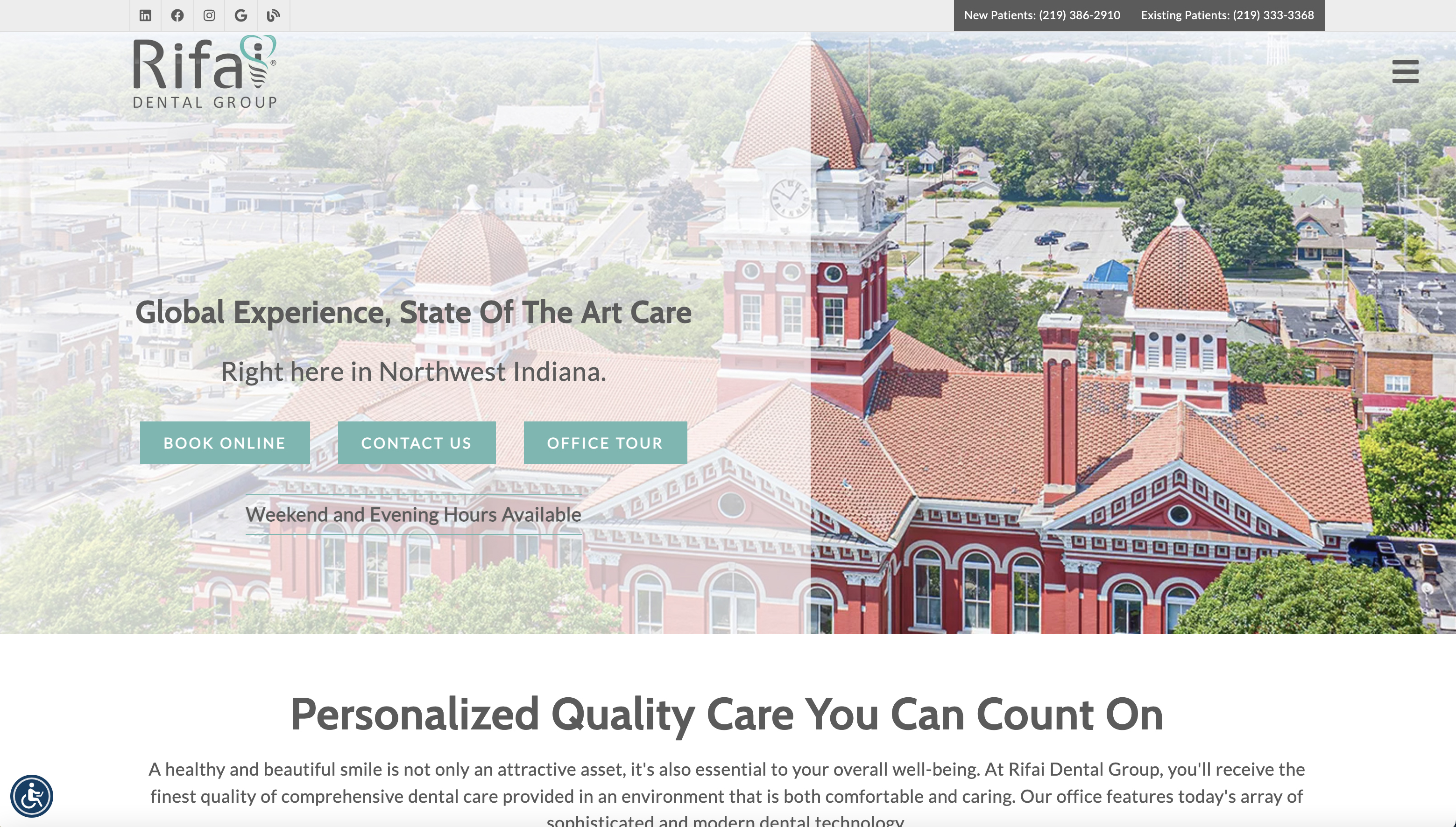 The image displays a screenshot of a website with a design that features a large, high-resolution photograph of a building and its surroundings at the top. Below this photo is a navigation bar with menu items such as 'Home,' 'About Us,' 'Services,' 'Contact Us,' and 'Blog.' The main content area shows a headline that reads 'Global Experience State of Art Care' followed by a tagline, 'Right Here in Northwest Indiana.' There is a call to action button below the headline with text that says 'Schedule a Consultation.' To the right, there's a section titled 'Personalized Quality Care You Can Count On,' which highlights a point of differentiation with a subheading stating 'A Beautiful Smile Is Only A Call Away.' The bottom of the image contains a footer with contact information and links to social media platforms. The overall style of the website is clean, professional, and visually appealing, designed to be user-friendly and informative for potential clients or visitors.