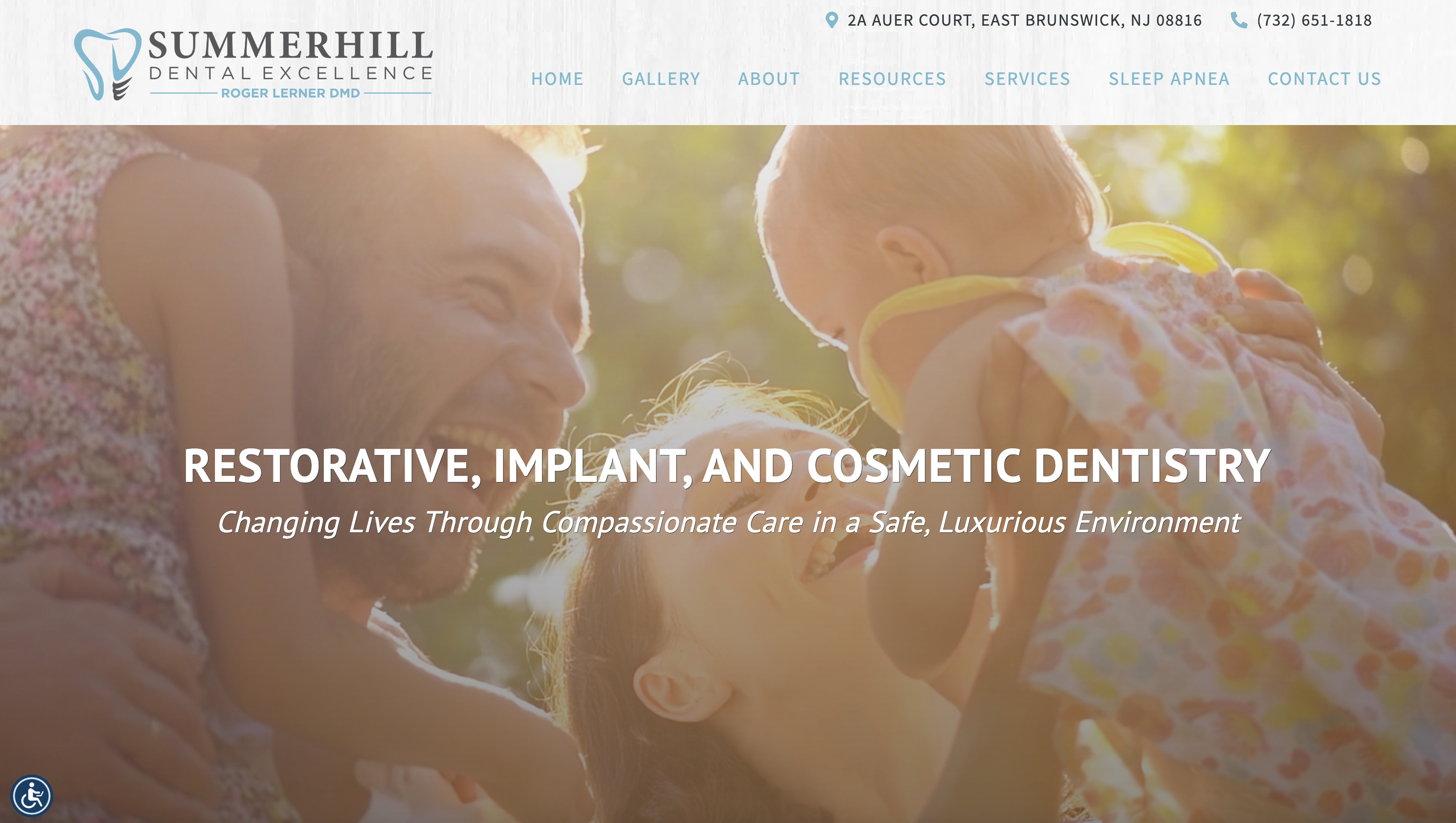 The image is a screenshot of a website for a dental practice, featuring a family photo with text overlay that reads 'Restorative Implant a nd Cosmetic Dentistry,' indicating the services offered by the practice.