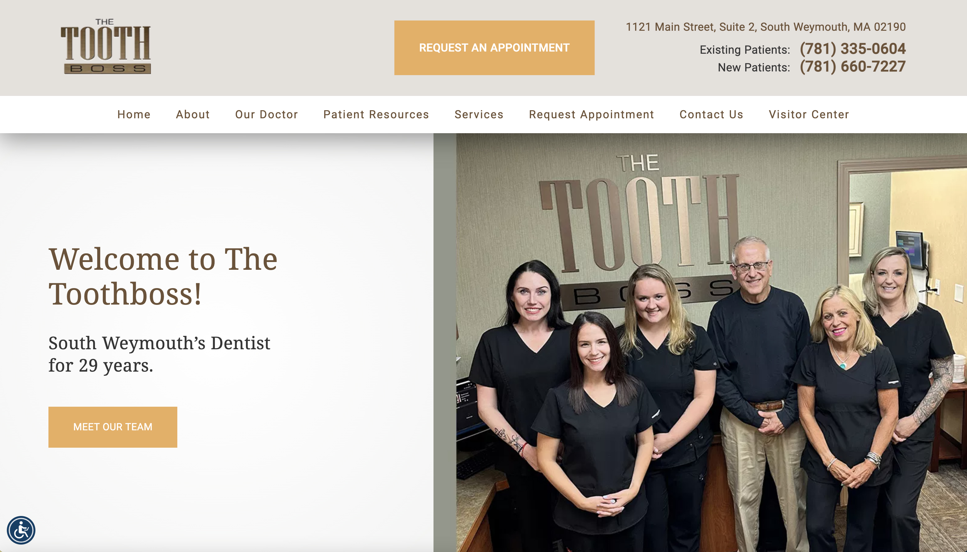 The image shows a group of dental professionals standing behind a welcome sign in front of a dental office, with the website address 'trooth.com' visible on the screen.