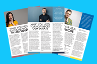 A collection of six open magazines with visible text, showcasing a variety of articles and images on their pages.