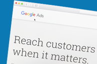 The image shows a computer screen with a Google Chrome browser open, displaying a webpage with a headline that reads 'reach customers when it matters.' Below the headline is a graphic design element with a blue background and white text that says 'Google ads.' The overall style of the image suggests an informational or educational context related to digital marketing strategies.