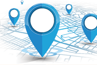 The image displays a digital graphic with multiple location pins on a map, each connected by lines to form a network or web, suggesting connectivity or location services.