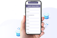 Hand holding a smartphone displaying a list of health-related services on a white background.