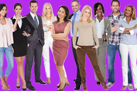 A digital collage of a diverse group of people, possibly professionals, standing side by side with various expressions and attire, set against a purple background.