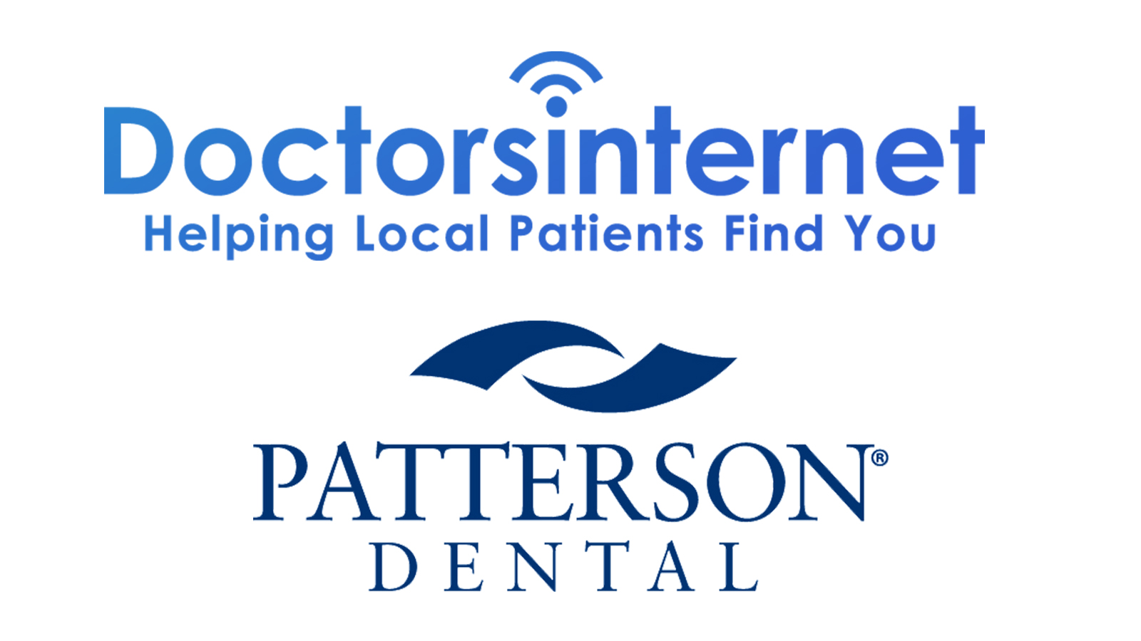 The image is a digital graphic that features two logos, one for  DoctorsInternet  and the other for  Patterson Dental,  with a background that transitions from white to gray.