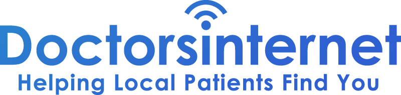 The image is a logo for DoctorsInternet, which appears to be a healthcare-related service or organization. It features the text DOCTORSINTERNET prominently at the top, with a tagline beneath it that reads Helping local patients find you. Below this, there s an additional line of text that says YOUR DOCTOR INTERNET. The logo design includes a stylized letter D inside which is a network signal icon and a globe, symbolizing global connectivity.