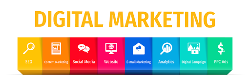 The image displays a digital marketing website with a colorful header showcasing various digital services.