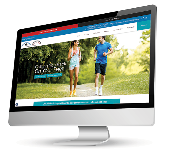 The image displays a desktop computer monitor with a webpage open, showing an advertisement for a fitness service with two people jogging in the background and text that reads 'GET BACK ON YOUR FEET' along with additional information about the service.