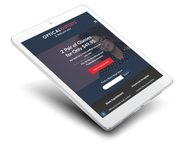 The image displays a tablet with a webpage open, showcasing an advertisement for optical glasses.