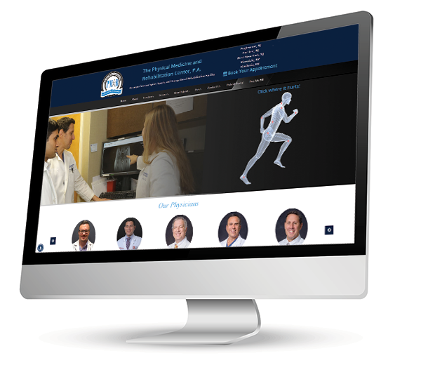 The image displays a computer monitor with a website open, showing a professional medical page featuring a large photo of a person in a white lab coat standing next to an oven, with smaller images below it of a team of healthcare professionals.
