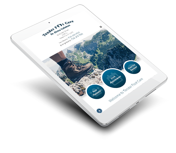 The image shows a tablet displaying a webpage with a photograph of a mountainous landscape, a man's foot in a hiking boot at the bottom, and a navigation bar with icons for different sections.